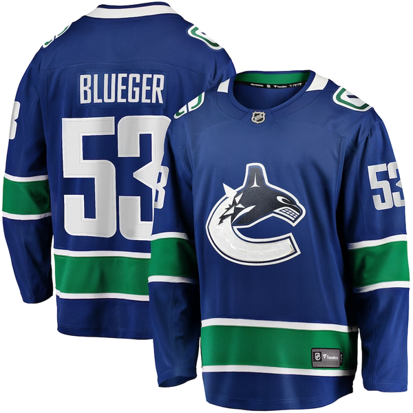 Men's Vancouver Canucks Teddy Blueger #53 Blue Home Breakaway Jersey