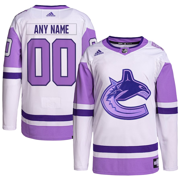 Men's Vancouver Canucks White/Purple Hockey Fights Cancer Primegreen Authentic Custom Jersey