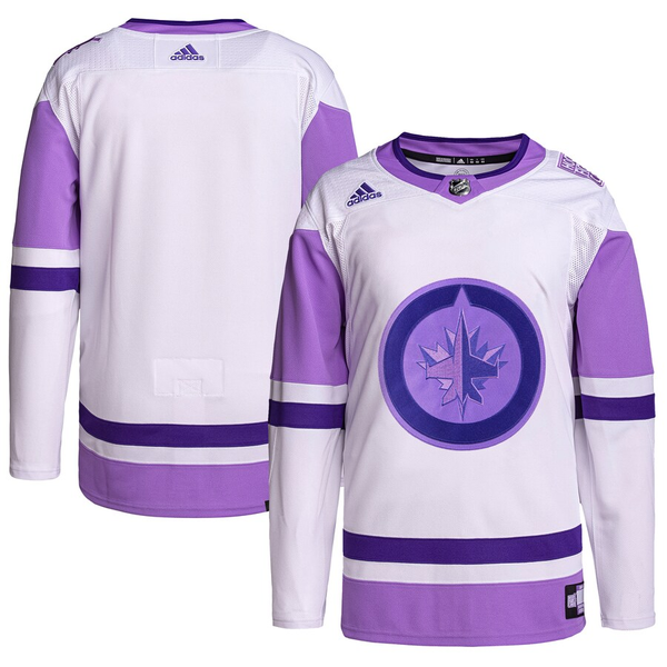 Men's Winnipeg Jets White/Purple Hockey Fights Cancer Primegreen Authentic Blank Practice Jersey