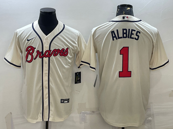 Men's Atlanta Braves Ozzie Albies #1 Beige Replica Player Jersey