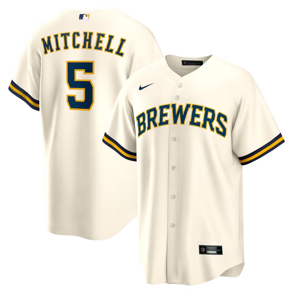 Men's Milwaukee Brewers Garrett Mitchell #5 Cream Replica Player Jersey