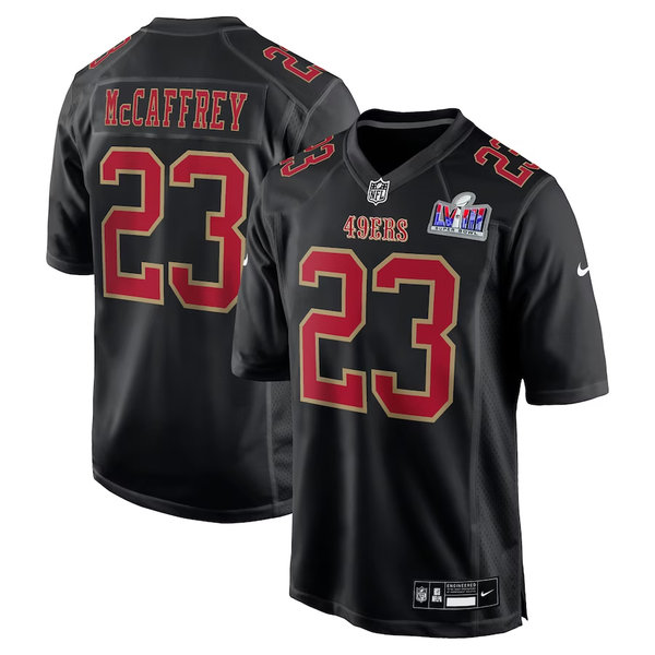 Men's San Francisco 49ers Christian McCaffrey #23 Black Super Bowl LVIII Carbon Fashion Game Player Jersey