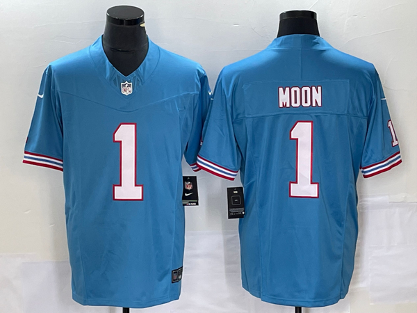 Men's Tennessee Titans Warren Moon #1 Light Blue Oilers Throwback Retired Player Game Jersey