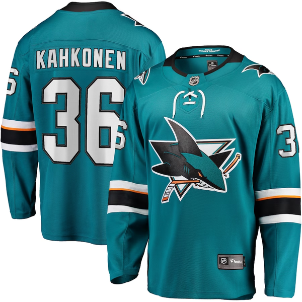 Men's San Jose Sharks Kaapo Kahkonen #36 Teal Home Breakaway Jersey