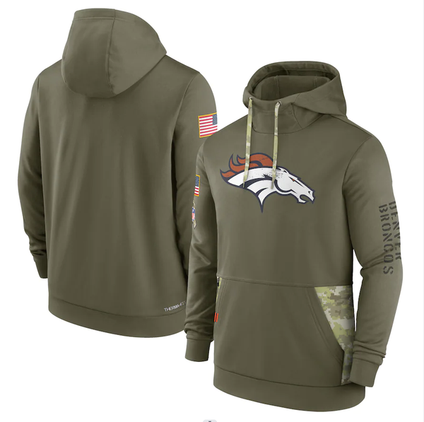 Men's Denver Broncos Olive 2022 Salute to Service Therma Performance Pullover Hoodie