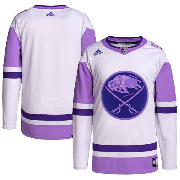 Men's Buffalo Sabres White/Purple Hockey Fights Cancer Primegreen Authentic Blank Practice Jersey