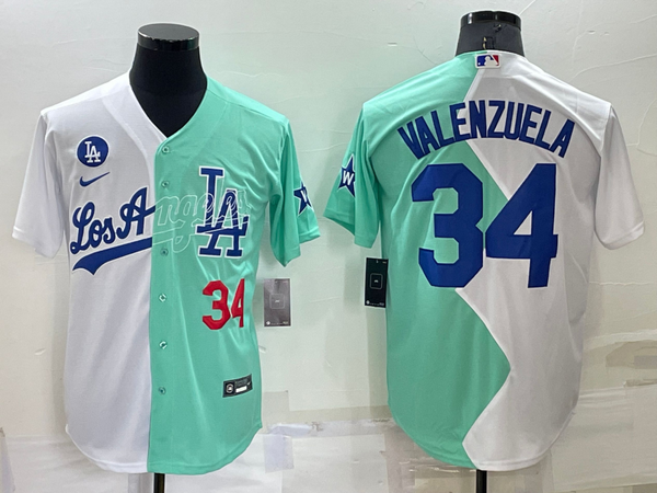 Men's Los Angeles Dodgers Fernando Valenzuela #34 White/Green Stitched Jersey