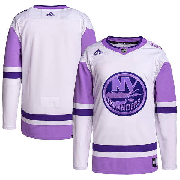 Men's New York Islanders White/Purple Hockey Fights Cancer Primegreen Authentic Blank Practice Jersey