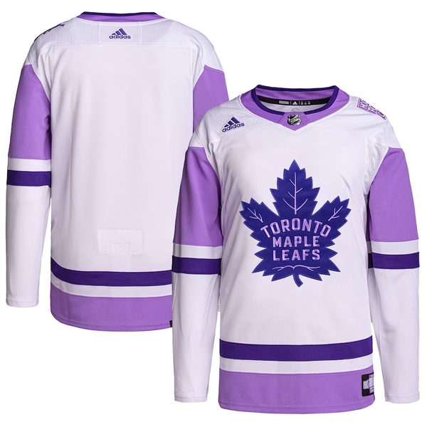 Men's Toronto Maple Leafs White/Purple Hockey Fights Cancer Primegreen Authentic Blank Practice Jersey