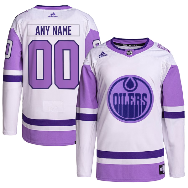 Men's Edmonton Oilers White/Purple Hockey Fights Cancer Primegreen Authentic Custom Jersey