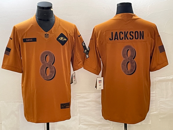 Men's Baltimore Ravens Lamar Jackson #8 Brown 2023 Salute To Service Retired Player Limited Jersey