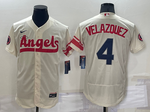 Men's Los Angeles Angels Andrew Velazquez #4 Beige Stitched Jersey