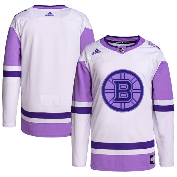 Men's Boston Bruins White/Purple Hockey Fights Cancer Primegreen Authentic Blank Practice Jersey