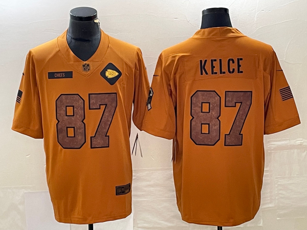 Men's Kansas City Chiefs Travis Kelce #87 Brown 2023 Salute To Service Retired Player Limited Jersey