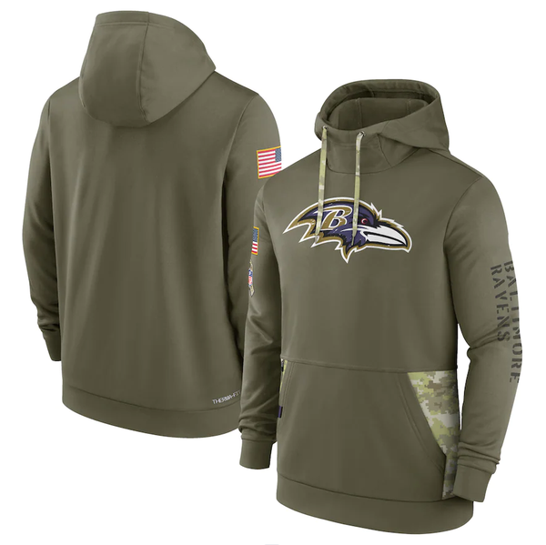 Men's Baltimore Ravens Olive 2022 Salute to Service Therma Performance Pullover Hoodie