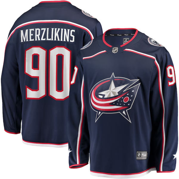 Men's Columbus Blue Jackets Elvis Merzlikins #90 Navy Home Breakaway Player Jersey