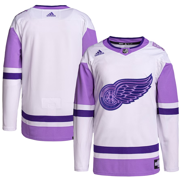 Men's Detroit Red Wings White/Purple Hockey Fights Cancer Primegreen Authentic Blank Practice Jersey