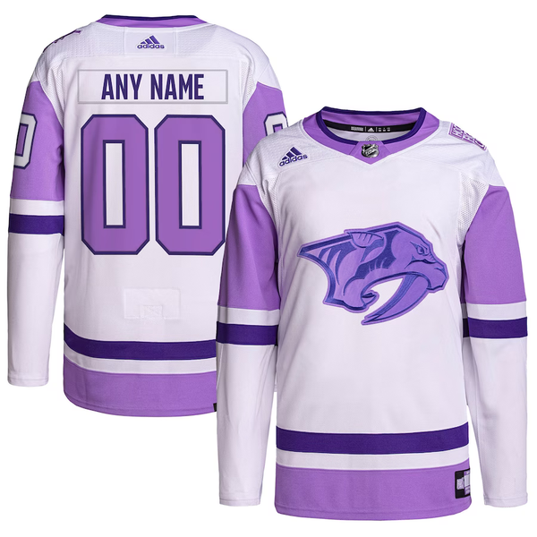 Men's Nashville Predators White/Purple Hockey Fights Cancer Primegreen Authentic Custom Jersey