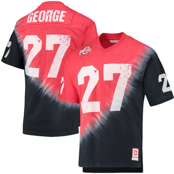 Men's Ohio State Buckeyes Mitchell & Ness Eddie George #27 Black/Scarlet Tie-Dye V-Neck T-Shirt