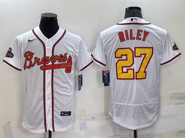 Men's Atlanta Braves Austin Riley #27 White Champion Edition Stitched Jersey