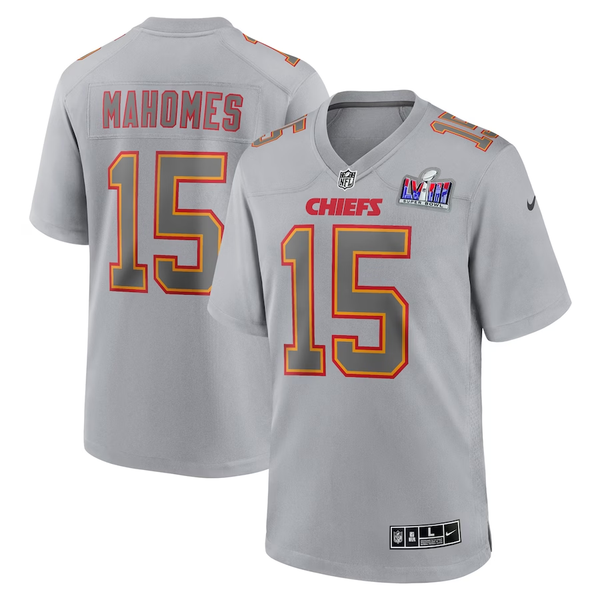 Men's Kansas City Chiefs Patrick Mahomes #15 Gray Super Bowl LVIII Atmosphere Fashion Game Jersey