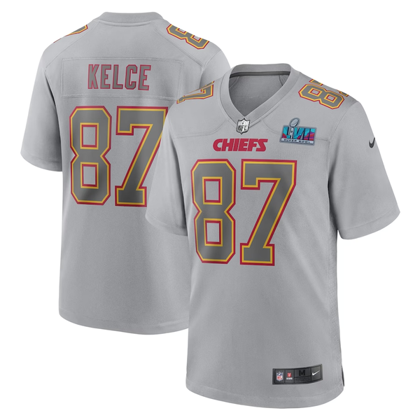 Men's Kansas City Chiefs Travis Kelce #87 Gray Super Bowl LVII Patch Atmosphere Fashion Game Jersey