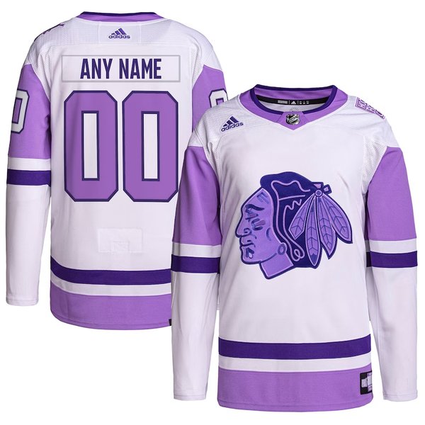 Men's Chicago Blackhawks White/Purple Hockey Fights Cancer Primegreen Authentic Custom Jersey