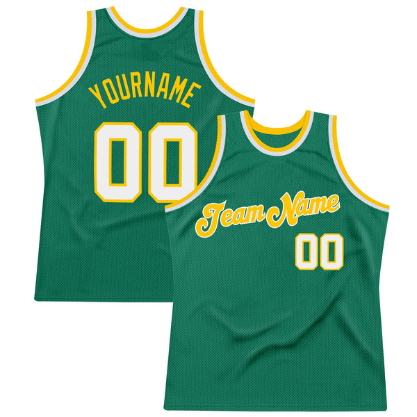 Custom Kelly Green White-Gold Authentic Throwback Basketball Jersey